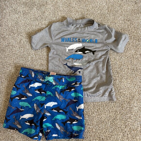 Cat & Jack Swim Suit Rashguard SPF T-shirt Whales Blue Grey Toddler Size 2T - Picture 2 of 7
